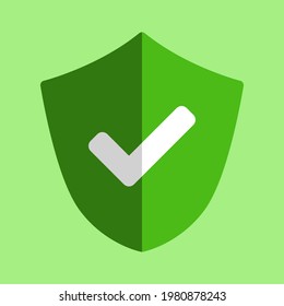 Green Shield Defense Icon mit Markierungszeichen Sign und Schatten. Vektorbild.