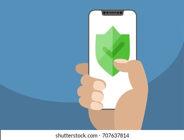 Green shield displayed on frameless touchscreen. Hand holding modern bezel free smartphone. Concept for online or internet security. Illustration using flat design.