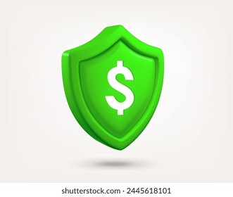 Green shield with dollar sign isolated on white background. 3d vector illustration
