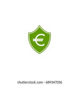 Green shield with euro sign. Protected euro, shield icon. Vector flat icon isolated on white. Money safe pictogram. Investments safety symbol. 