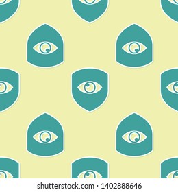 Green Shield and eye icon isolated seamless pattern on yellow background. Security, safety, protection, privacy concept. Vector Illustration