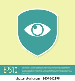 Green Shield and eye icon isolated on yellow background. Security, safety, protection, privacy concept. Vector Illustration