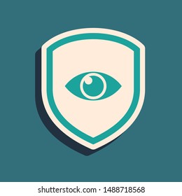 Green Shield and eye icon isolated on blue background. Security, safety, protection, privacy concept. Long shadow style. Vector Illustration