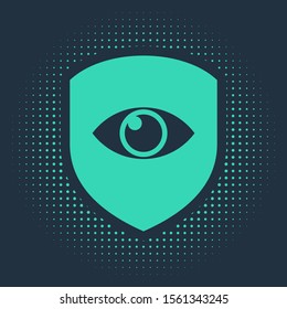 Green Shield and eye icon isolated on blue background. Security, safety, protection, privacy concept. Abstract circle random dots. Vector Illustration