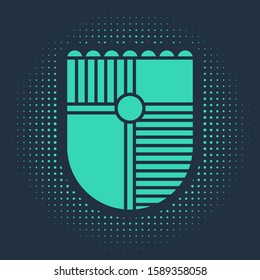 Green Shield for game icon isolated on blue background. Abstract circle random dots. Vector Illustration