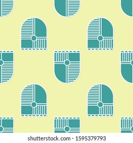 Green Shield for game icon isolated seamless pattern on yellow background.  Vector Illustration