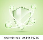Green shield with glowing orbits and glossy molecular spheres. Vector natural protection and skincare concept