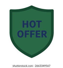 Icono de escudo verde con el texto azul "Hot Offer". Una insignia de diseño plana