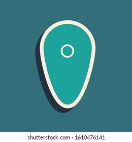 Green Shield icon isolated on blue background. Guard sign. Security, safety, protection, privacy concept. Long shadow style. Vector Illustration