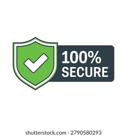 Green shield icon with white checkmark and text reading one hundred percent secure security