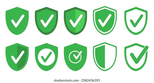  Green Shield icons with check marks - secure and safety vector symbols.
