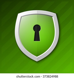 Green Shield with keyhole isolated on white background. Defense sign Protection concept. Safety badge icon. Privacy banner. Security label. Defense tag. Presentation sticker shape. Vector illustration