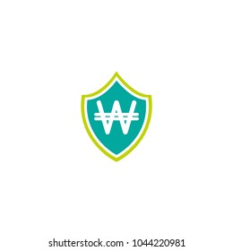 Green shield with korean won sign. Protected euro, shield icon. Vector flat icon isolated on white. Money safe pictogram. Investments safety symbol. 