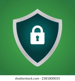 Green shield with lock in flat design