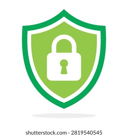 Green shield with lock icon representing secure protection authentication privacy encrypted access and trusted cybersecurity isolated modern vector illustration for websites applications and digital services