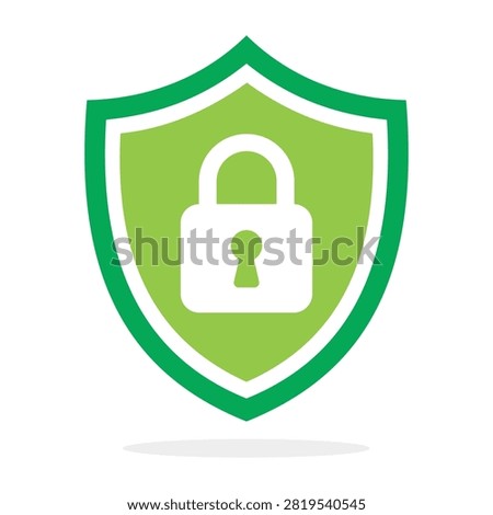 Green shield with lock icon representing secure protection authentication privacy encrypted access and trusted cybersecurity isolated modern vector illustration for websites applications and digital services