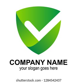 green shield logo with checklist shape, good care and protect icon,trusted protection symbol