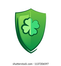 Green Shield with lucky Clover. Celtic symbol for Saint Patrick Day. Vector Clipart isolated on white background.