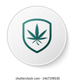 Green Shield and marijuana or cannabis leaf icon isolated on white background. Marijuana legalization. Hemp symbol. White circle button. Vector Illustration