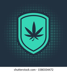 Green Shield and marijuana or cannabis leaf icon isolated on blue background. Marijuana legalization. Hemp symbol. Abstract circle random dots. Vector Illustration