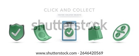 Green Shield, Money Bill, Checklist Clipboard, Shopping Bag, and Percent Badge. Vector Illustration Representing Secure Payment, Shopping Deals, Purchase Confirmation, and Discount Offer.