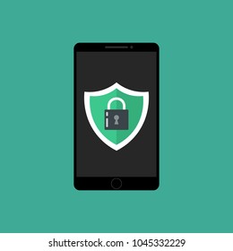 Green Shield on smartphone screen. Hand holds the smartphone and finger touches screen. Modern Flat design illustration.