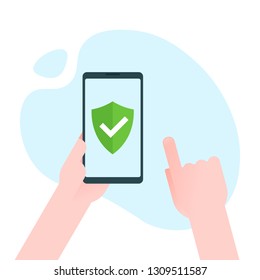 Green Shield on smartphone screen. Hand holds the smartphone and finger touches screen. Modern Flat design illustration.