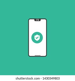 Green Shield on smartphone screen. Modern Flat design illustration.
