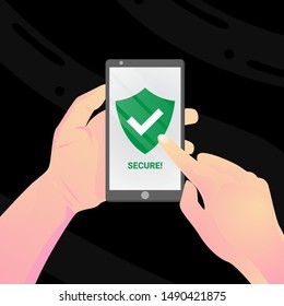 Green Shield on smartphone screen. Hand hold the smartphone and finger touches screen. icon concept of Web Access Security, Protected Connection.Flat cartoon vector illustration.	