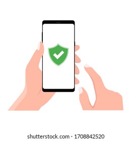 Green Shield on smartphone screen. Hand holds the smartphone and finger touches screen. Modern Flat design illustration.