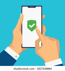 Green Shield on smartphone screen. Hand holds the smartphone and finger touches screen. Modern Flat design illustration. template