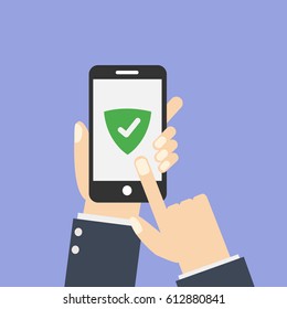 Green Shield on smartphone screen. Hand holds the smartphone and finger touches screen. Modern Flat design illustration.