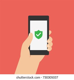 Green Shield on smartphone screen. Hand holds the smartphone. Modern Flat design illustration.