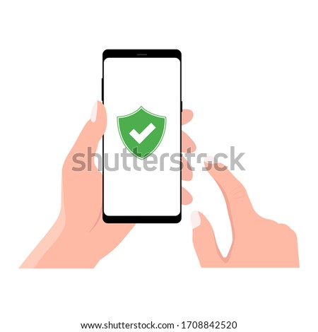 Green Shield on smartphone screen. Hand holds the smartphone and finger touches screen. Modern Flat design illustration.