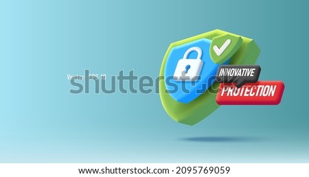 Green shield with padlock and speech bubbles labels for innovative security protection, 3d digital isometric render composition