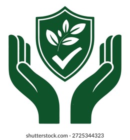 Um escudo verde com uma planta e marca de seleção é segurado por duas mãos cupped, simbolizando a proteção e o crescimento.