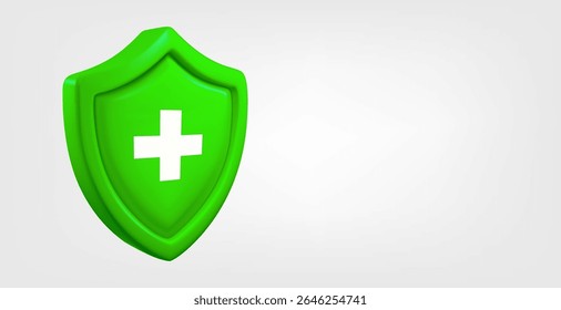 Green shield with plus sign isolated on grey background. 3d vector banner with copy space