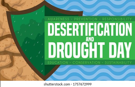 
El escudo verde protege el bosque con lluvias y olas como el agua sobre una zona árida, promoviendo la conciencia y otros valores durante el Día de la Desertificación y la Sequía.