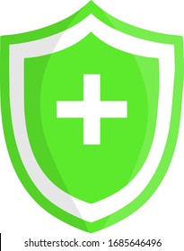 Green shield of protection. Guards against diseases. Medical symbol of immunity and security. Armor and cross. Abstract flat illustration