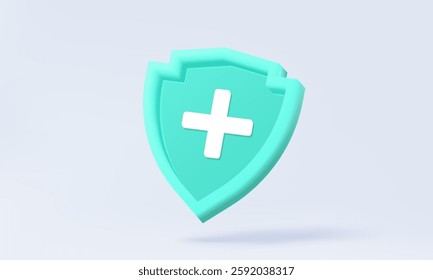 Green shield protection with plus symbol 3D vector icon on pastel background. assistance insurance immune service healthcare medicine hospital support doctor medical emergency. illustration