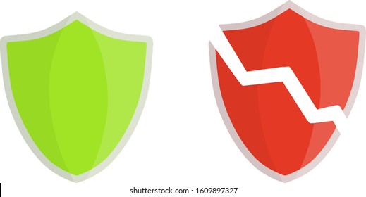 Green shield of protection, and red threats. Hacking account. Concept of online defense. Icon antivirus and program. Crack and broken object. Medieval armor. Set of flat cartoon. Cyber security