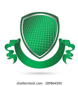 Green shield with ribbon and grid inside