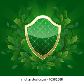 green shield with a royal pattern, decorated with oak branches green luminous background