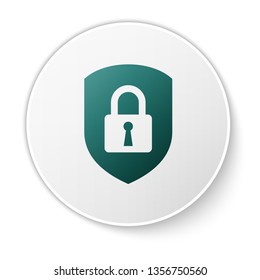 Green Shield security with lock icon isolated on white background. Protection, safety, password security. Firewall access privacy sign. White circle button. Vector Illustration