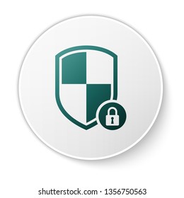 Green Shield security with lock icon isolated on white background. Protection, safety, password security. Firewall access privacy sign. White circle button. Vector Illustration