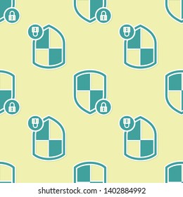 Green Shield security with lock icon isolated seamless pattern on yellow background. Protection, safety, password security. Firewall access privacy sign. Vector Illustration