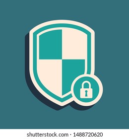 Green Shield security with lock icon isolated on blue background. Protection, safety, password security. Firewall access privacy sign. Long shadow style. Vector Illustration