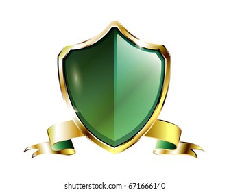 Green shield shaped background with a gold frame and a ribbon, with space for your text. Vector illustration.