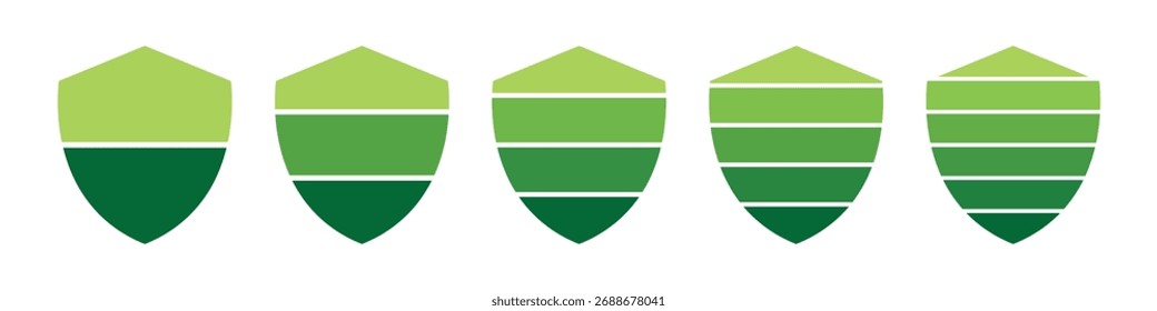 Modelo infográfico em forma de escudo verde. Etapas de nível de proteção ou classificação de segurança
