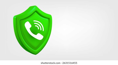 Escudo verde com sinal de chamada telefônica isolado no fundo cinza. Banner de vetor 3d com espaço de cópia